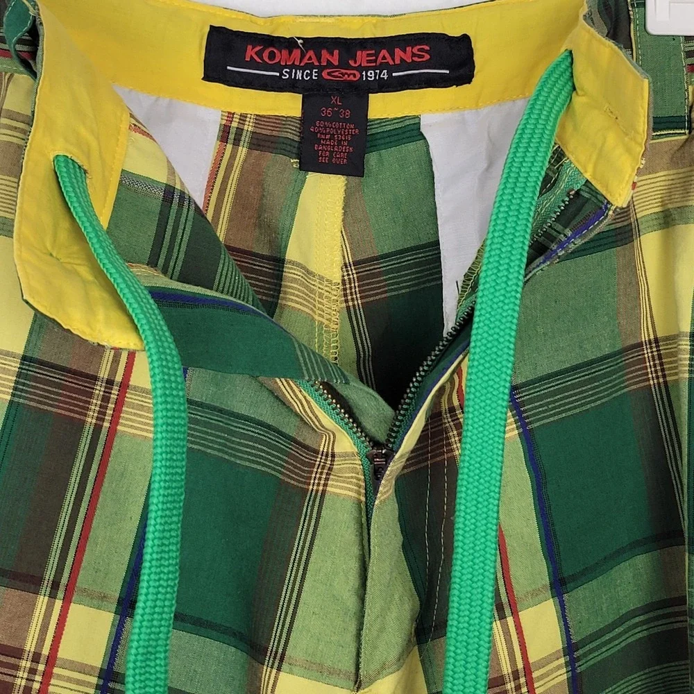 Koman Vintage Cargo Shorts Mens XL 36-38‎ Green Plaid Y2K Retro Gorpcore